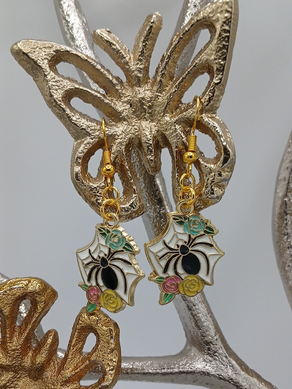 Gold Spider Web Floral Drop Earrings
